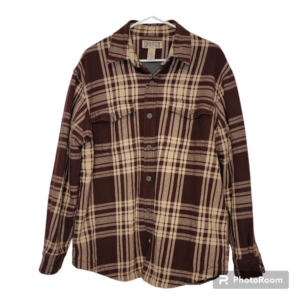 Men's Duluth Trading Co. Fleece Lined Relaxed-Fit Deep Brown Plaid Shirt Jac - M